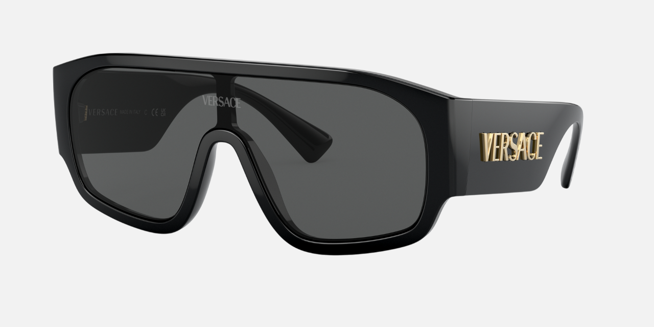 Versace VE4439 GB187 square sunglasses for women in full rim plastic, with black frame, and dark grey lenses. 33mm in lens size, 15mm in bridge size, and 145mm in temple length.