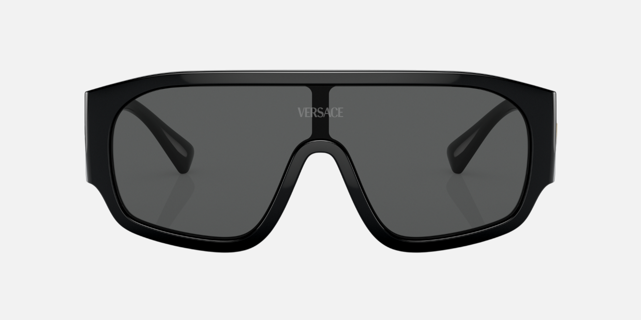 Versace VE4439 GB187 square sunglasses for women in full rim plastic, with black frame, and dark grey lenses. 33mm in lens size, 15mm in bridge size, and 145mm in temple length.