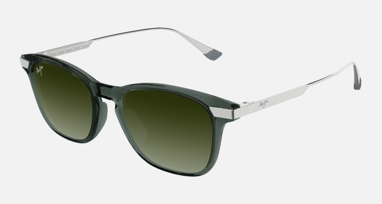 Maui Jim Mana'olana 623 14 unisex's full rim square sunglasses in a shiny trans grey with silver plastic front/metal temple frame with maui ht lenses. Features a 51 mm lens size, 18 mm bridge size, and 145 mm temple length. Available in Dubai, UAE.