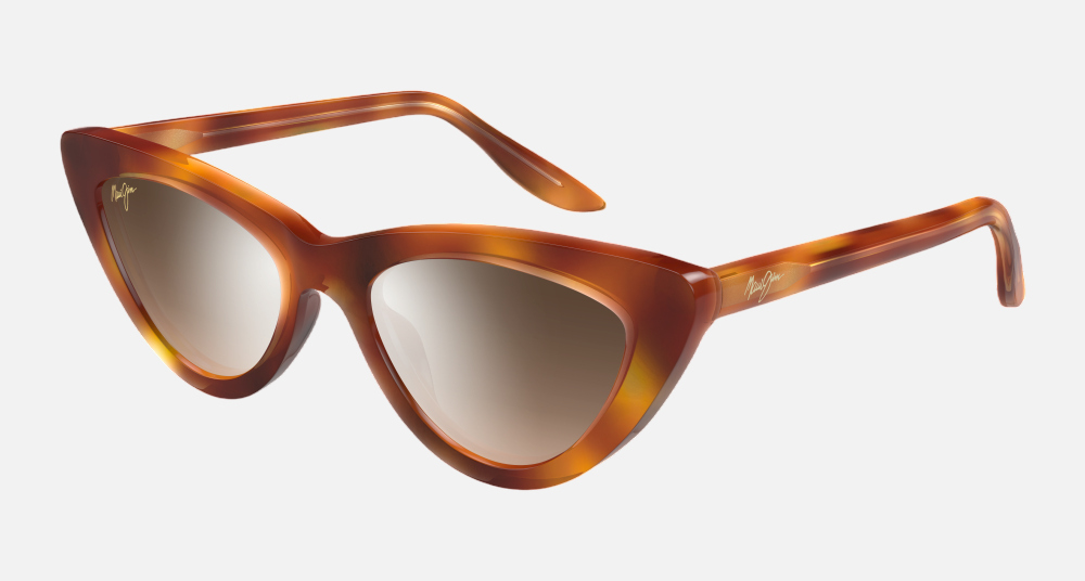 Maui Jim Lychee 02A cat-eye sunglasses for women in full rim plastic, with gloss black frame, and dual mirror silver to black lenses. 52mm in lens size, 19mm in bridge size, and 145mm in temple length.