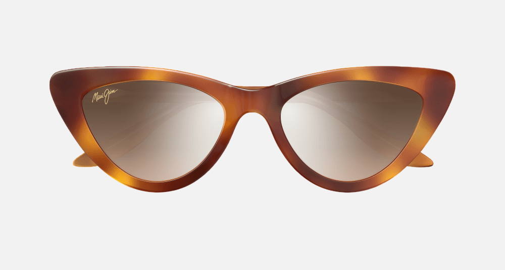 Maui Jim Lychee 02A cat-eye sunglasses for women in full rim plastic, with gloss black frame, and dual mirror silver to black lenses. 52mm in lens size, 19mm in bridge size, and 145mm in temple length.