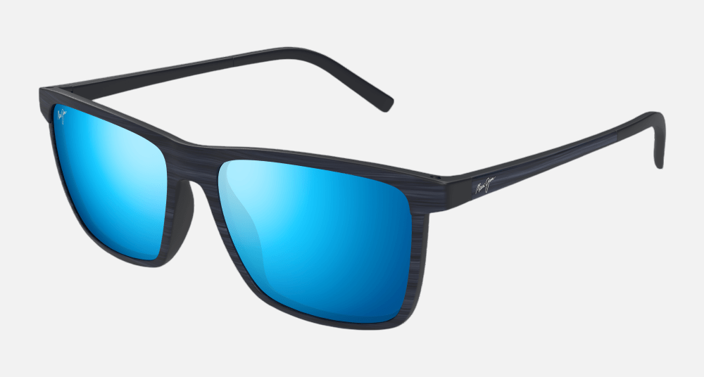 Maui Jim One Way 03 square sunglasses for unisex in full rim carbon fiber, with dark navy stripe frame, and blue hawaii lenses. 55mm in lens size, 18mm in bridge size, and 145mm in temple length.