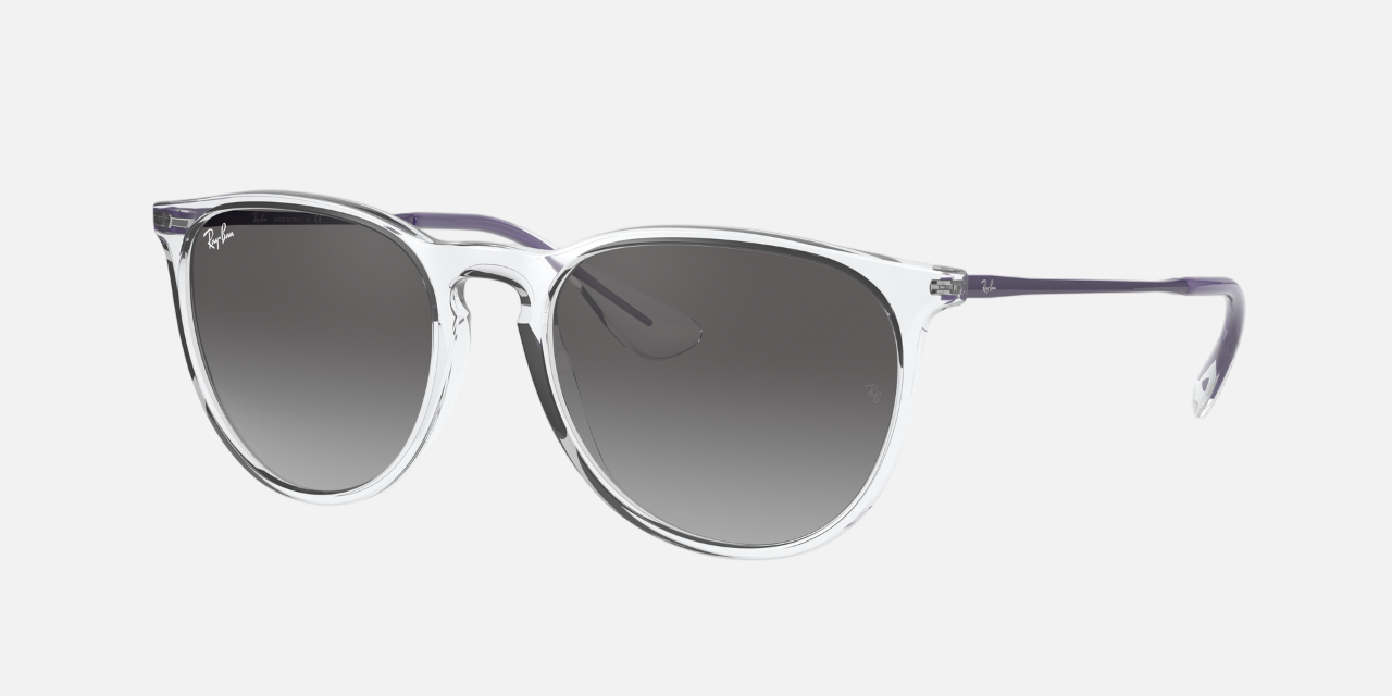 Ray-Ban Erika Color Mix RB4171 651611 women's full rim round sunglasses in a transparent injected frame with grey gradient lenses. Features a 54 mm lens size, 18 mm bridge size, and 145 mm temple length. Available in Dubai, UAE.