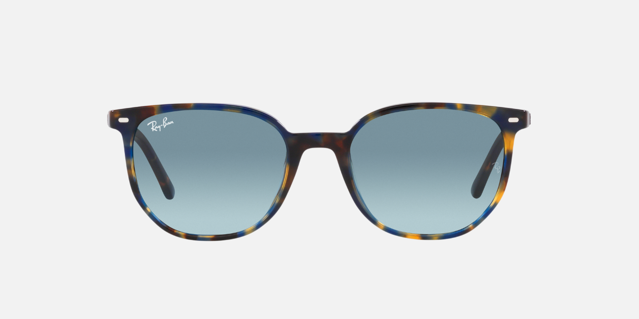 Ray-Ban Elliot RB2197 13563M square sunglasses for unisex in full rim plastic, with yellow & blue havana frame, and blue gradient lenses. 54mm in lens size, 19mm in bridge size, and 145mm in temple length.