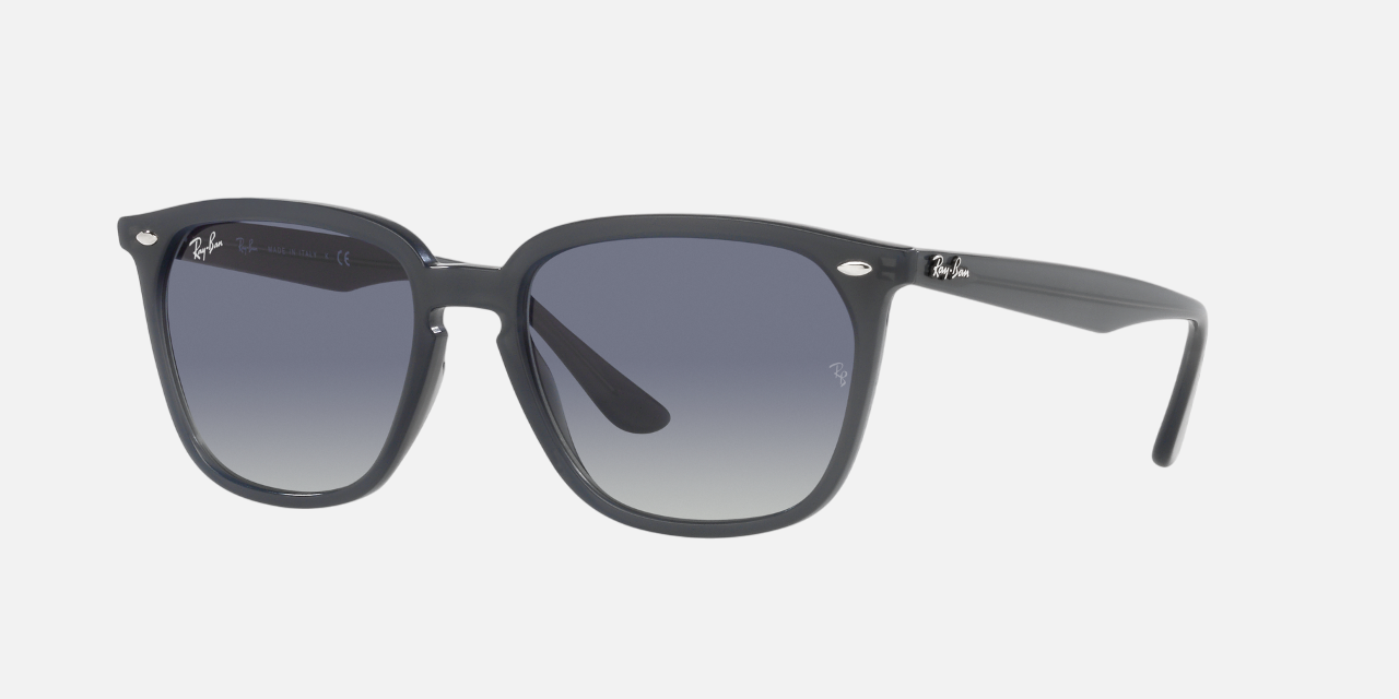 Ray-Ban RB4362 62304L square sunglasses for unisex in full rim plastic, with grey frame, and blue gradient lenses. 55mm in lens size, 18mm in bridge size, and 145mm in temple length.