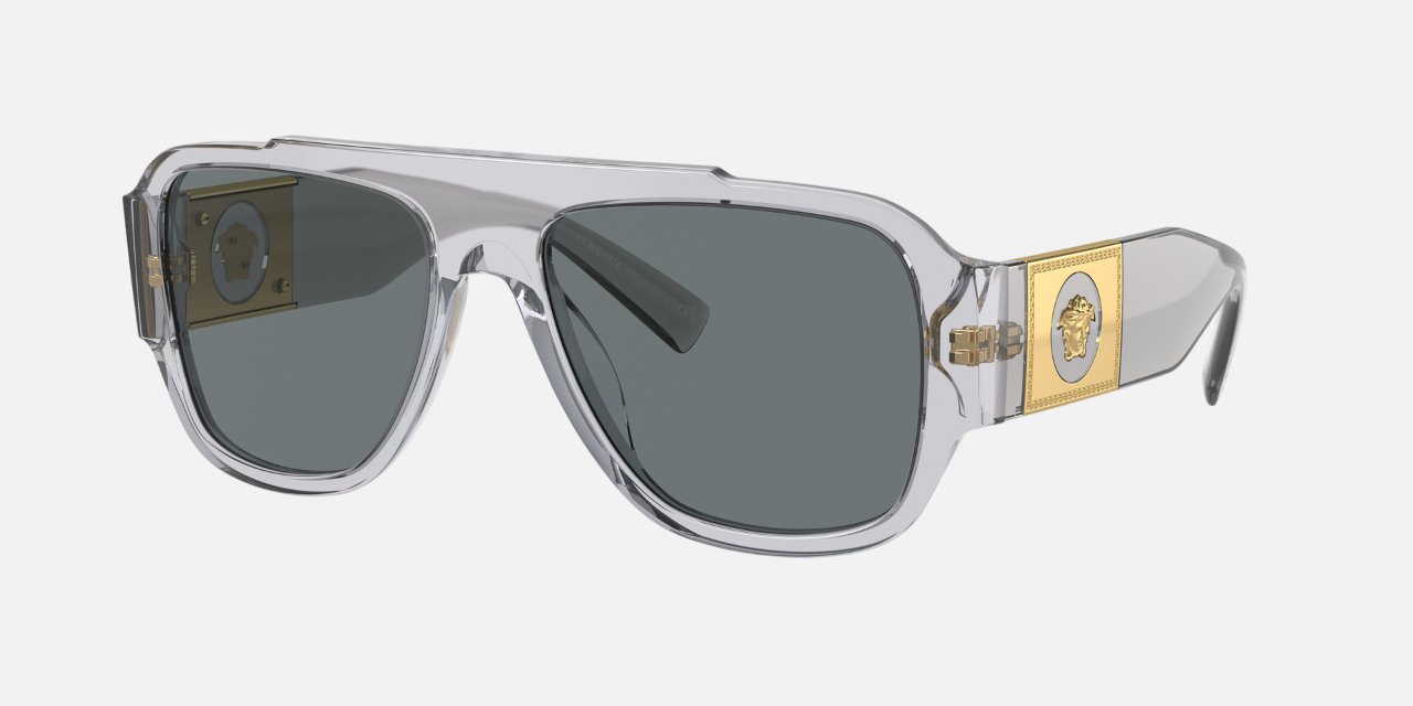 Versace VE4436U 530580 square sunglasses for men in full rim plastic, with transparent grey frame, and dark blue lenses. 57mm in lens size, 18mm in bridge size, and 140mm in temple length.