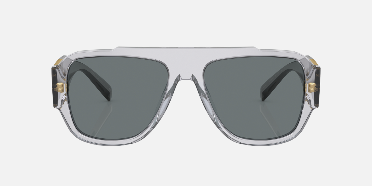 Versace VE4436U 530580 square sunglasses for men in full rim plastic, with transparent grey frame, and dark blue lenses. 57mm in lens size, 18mm in bridge size, and 140mm in temple length.