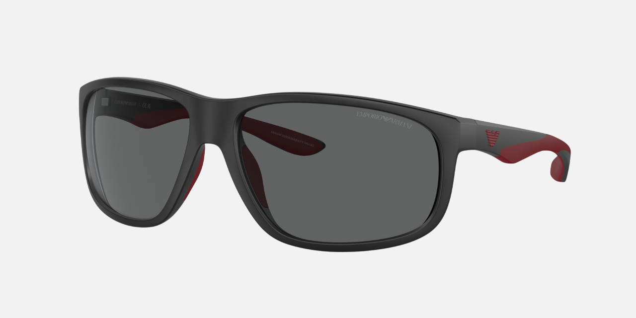 Emporio Armani EA 4199U 500187 men's full rim rectangle sunglasses in a matte black plastic frame with dark gray lenses. Features a 65 mm lens size, 16 mm bridge size, and 135 mm temple length. Available in Dubai, UAE.
