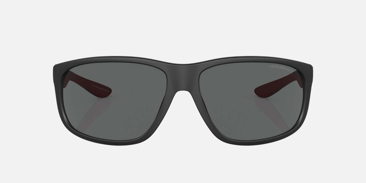 Emporio Armani EA 4199U 500187 rectangular sunglasses for men in full rim plastic, with matte black frame, and dark gray lenses. 65mm in lens size, 16mm in bridge size, and 135mm in temple length.