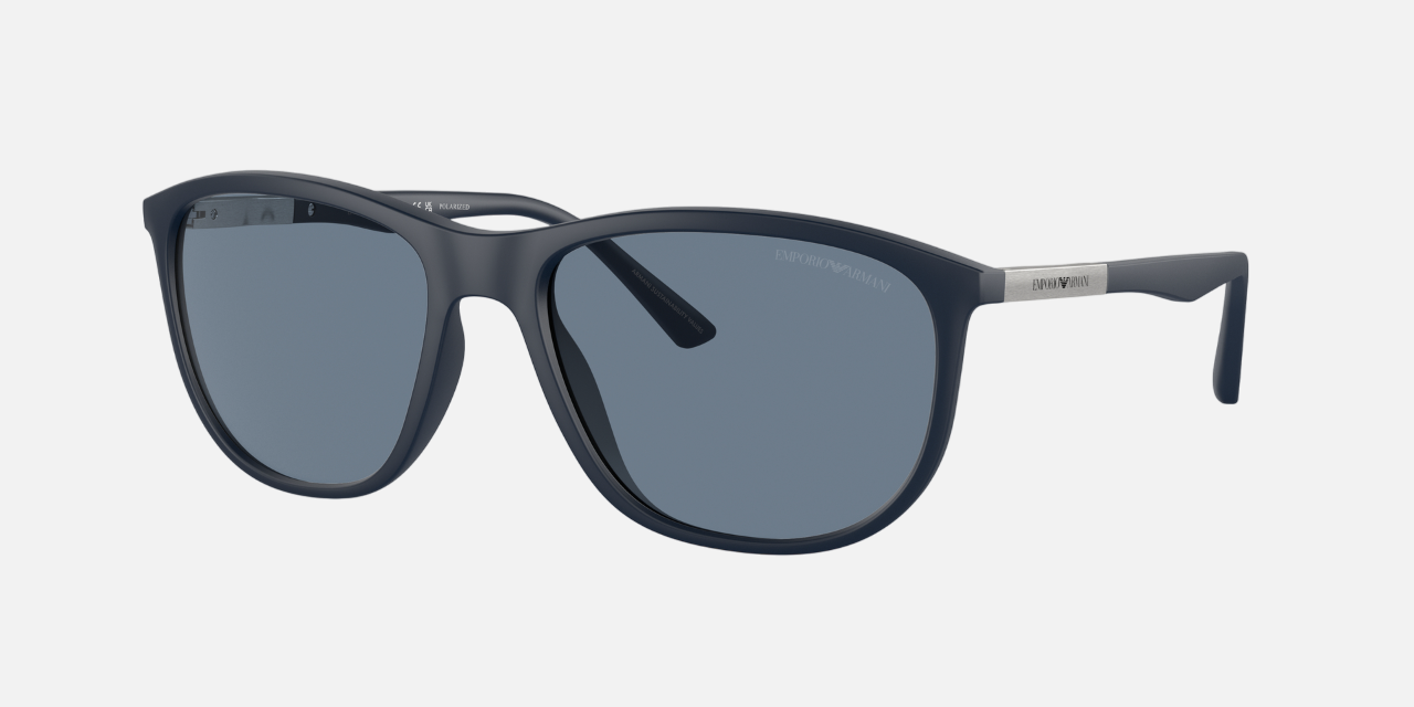 Emporio Armani EA 4201 50882V square sunglasses for men in full rim plastic, with matte blue frame, and dark blue lenses. 58mm in lens size, 18mm in bridge size, and 145mm in temple length.