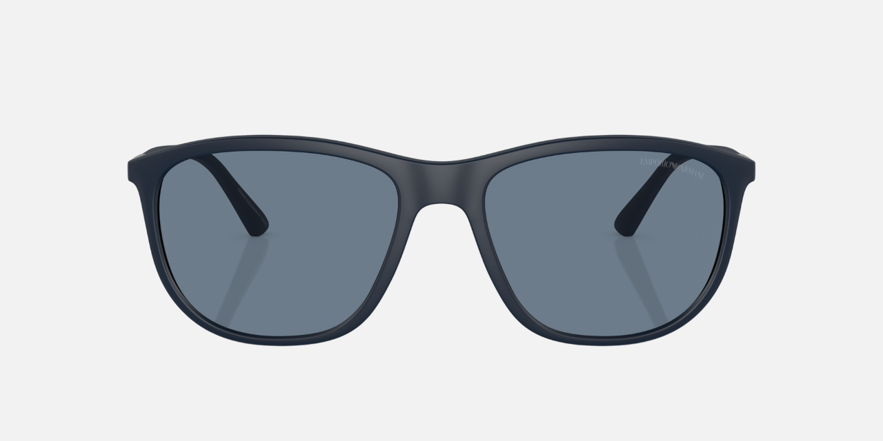 Emporio Armani EA 4201 50882V square sunglasses for men in full rim plastic, with matte blue frame, and dark blue lenses. 58mm in lens size, 18mm in bridge size, and 145mm in temple length.