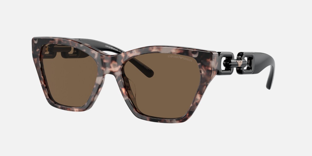 Emporio Armani EA 4203U 541073 cat-eye sunglasses for women in full rim plastic, with shiny pink havana frame, and dark brown lenses. 55mm in lens size, 17mm in bridge size, and 140mm in temple length.