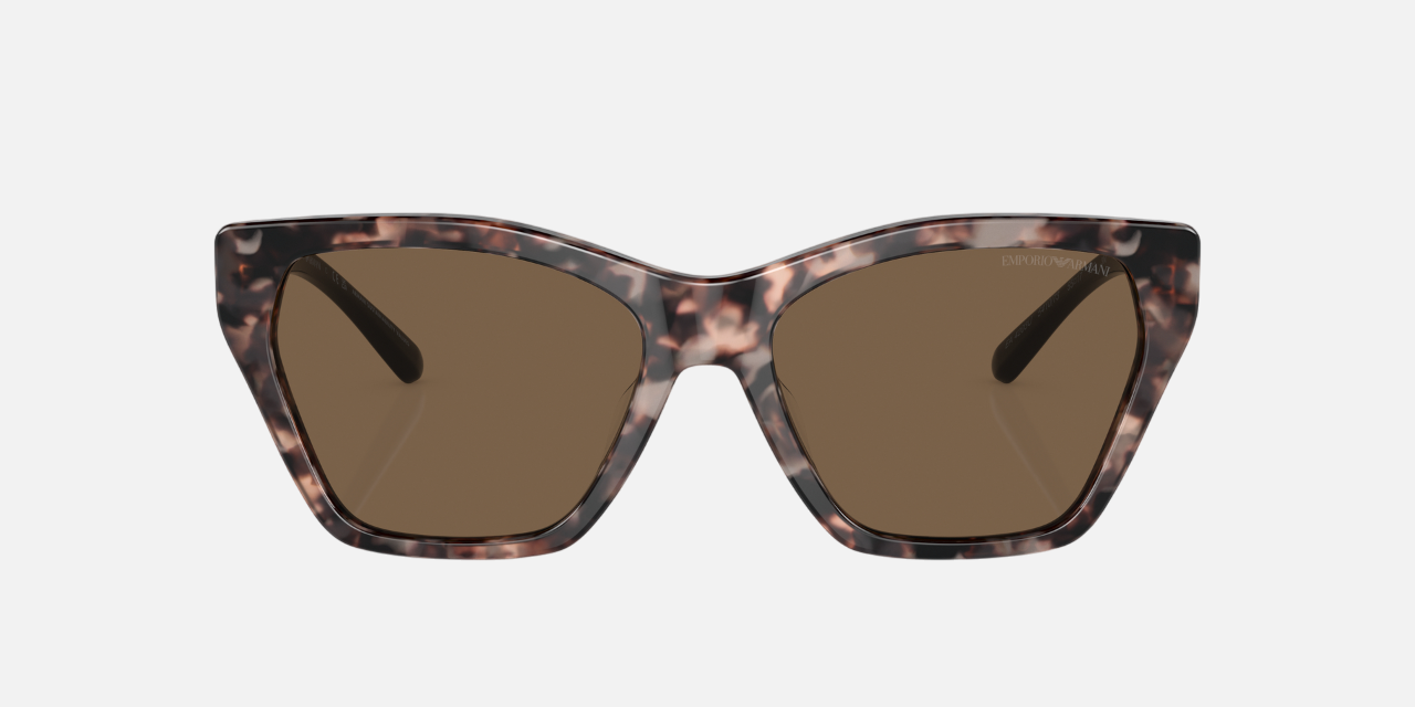 Emporio Armani EA 4203U 541073 cat-eye sunglasses for women in full rim plastic, with shiny pink havana frame, and dark brown lenses. 55mm in lens size, 17mm in bridge size, and 140mm in temple length.