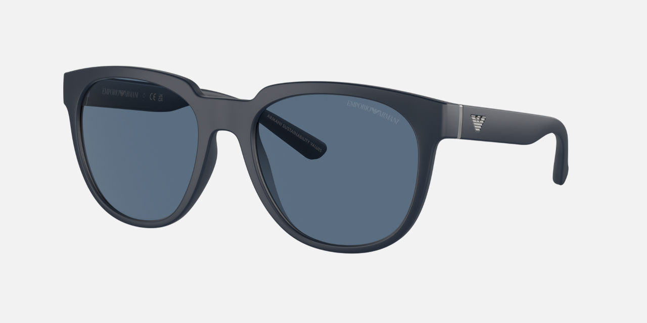 Emporio Armani EA 4205 508880 round sunglasses for men in full rim plastic, with matte blue frame, and dark blue lenses. 55mm in lens size, 19mm in bridge size, and 145mm in temple length.