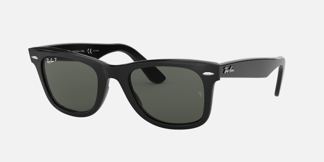 Ray-Ban Original Wayfarer Classic RB2140 901/58 unisex's full rim square sunglasses in a black acetate frame with green lenses. Features a 50 mm lens size, 22 mm bridge size, and 150 mm temple length. Available in Dubai, UAE.