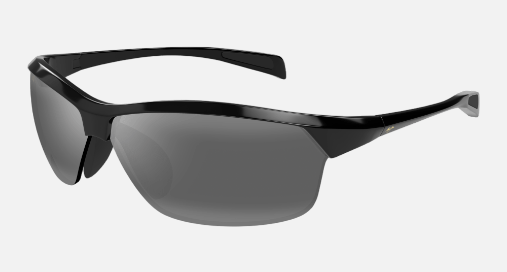 Maui Jim Hot Sands 02 rectangular sunglasses for men in semi-rimless plastic, with gloss black frame, and neutral grey lenses. 71mm in lens size, 16mm in bridge size, and 116mm in temple length.