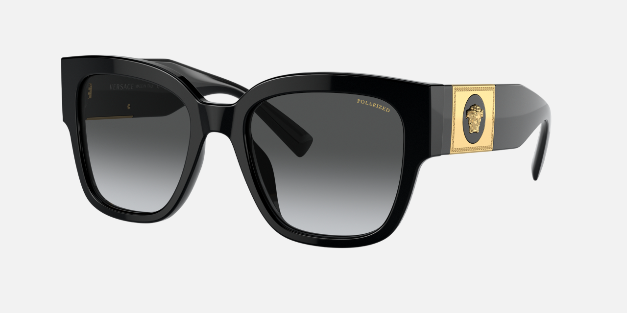 Versace VE4437U GB1T3 square sunglasses for women in full rim plastic, with black frame, and polar grey gradient lenses. 54mm in lens size, 20mm in bridge size, and 140mm in temple length.