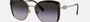 Bvlgari BV6128B 20148G square sunglasses for women in full rim metal, with pink gold/black frame, and gradient grey lenses. 56mm in lens size, 16mm in bridge size, and 140mm in temple length.