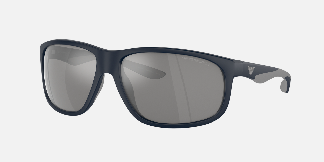 Emporio Armani EA 4199U 5088Z3 rectangular sunglasses for men in full rim plastic, with matte blue frame, and grey mirror silver lenses. 65mm in lens size, 16mm in bridge size, and 135mm in temple length.