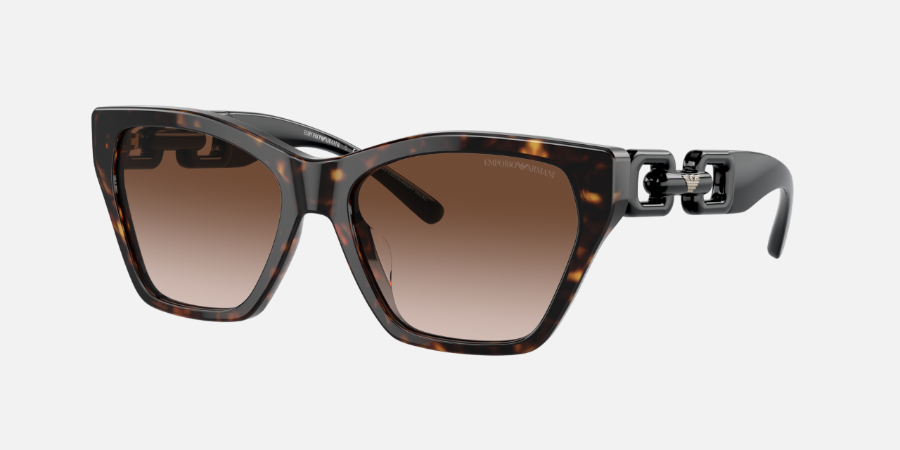 Emporio Armani EA 4203U 502613 cat-eye sunglasses for women in full rim plastic, with shiny havana frame, and gradient brown lenses. 55mm in lens size, 17mm in bridge size, and 140mm in temple length.