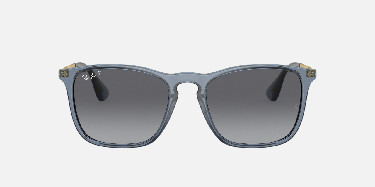Ray-Ban Chris RB4187 6592T3 square sunglasses for men in full rim plastic, with transparent blue frame, and grey lenses. 54mm in lens size, 18mm in bridge size, and 145mm in temple length.