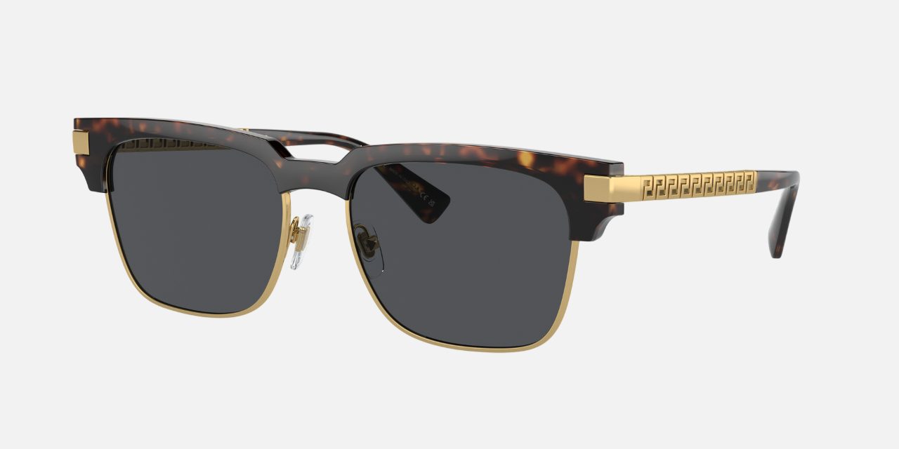 Versace VE4447 10887 rectangular sunglasses for men in full rim metal, with havana frame, and dark grey lenses. 55mm in lens size, 17mm in bridge size, and 145mm in temple length.