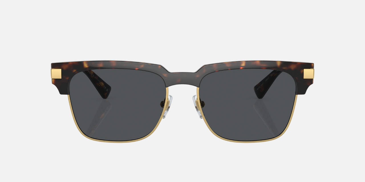 Versace VE4447 10887 rectangular sunglasses for men in full rim metal, with havana frame, and dark grey lenses. 55mm in lens size, 17mm in bridge size, and 145mm in temple length.