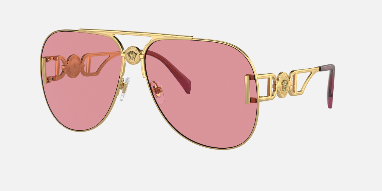 Versace VE2255 1002A4 pilot sunglasses for unisex in full rim metal, with gold frame, and pink mirror internal silver lenses. 63mm in lens size, 13mm in bridge size, and 145mm in temple length.