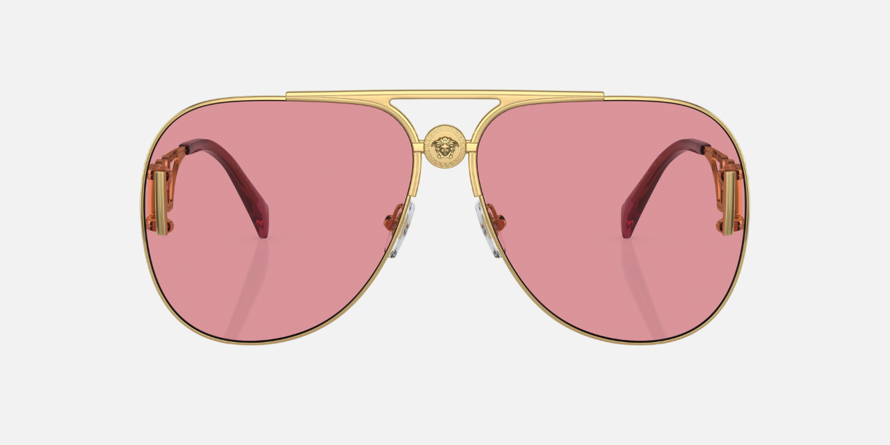 Versace VE2255 1002A4 pilot sunglasses for unisex in full rim metal, with gold frame, and pink mirror internal silver lenses. 63mm in lens size, 13mm in bridge size, and 145mm in temple length.