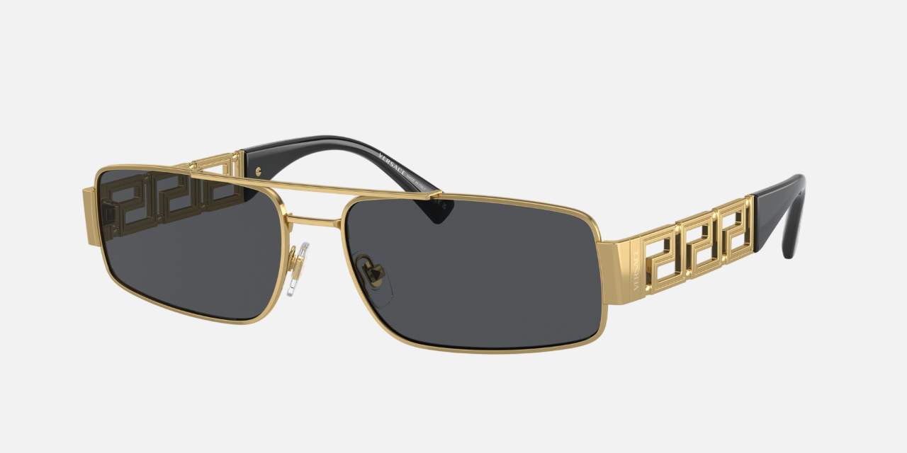 Versace VE2257 100287 rectangular sunglasses for men in full rim metal, with gold frame, and dark grey lenses. 60mm in lens size, 16mm in bridge size, and 145mm in temple length.