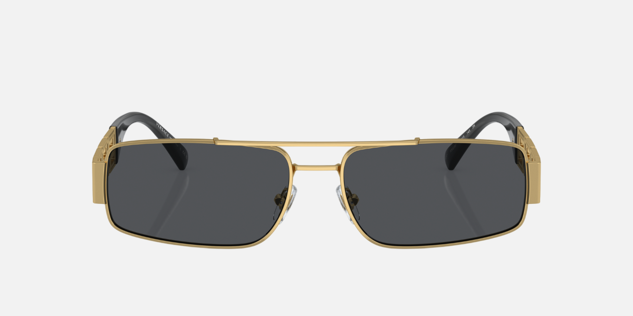 Versace VE2257 100287 rectangular sunglasses for men in full rim metal, with gold frame, and dark grey lenses. 60mm in lens size, 16mm in bridge size, and 145mm in temple length.