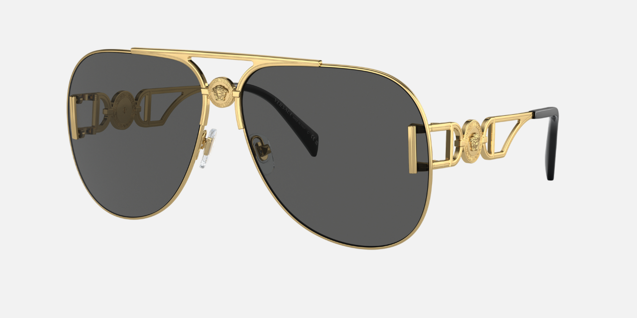 Versace VE2255 100287 pilot sunglasses for unisex in full rim metal, with gold frame, and dark grey lenses. 63mm in lens size, 13mm in bridge size, and 145mm in temple length.
