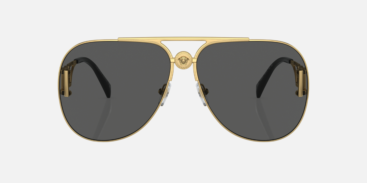Versace VE2255 100287 pilot sunglasses for unisex in full rim metal, with gold frame, and dark grey lenses. 63mm in lens size, 13mm in bridge size, and 145mm in temple length.