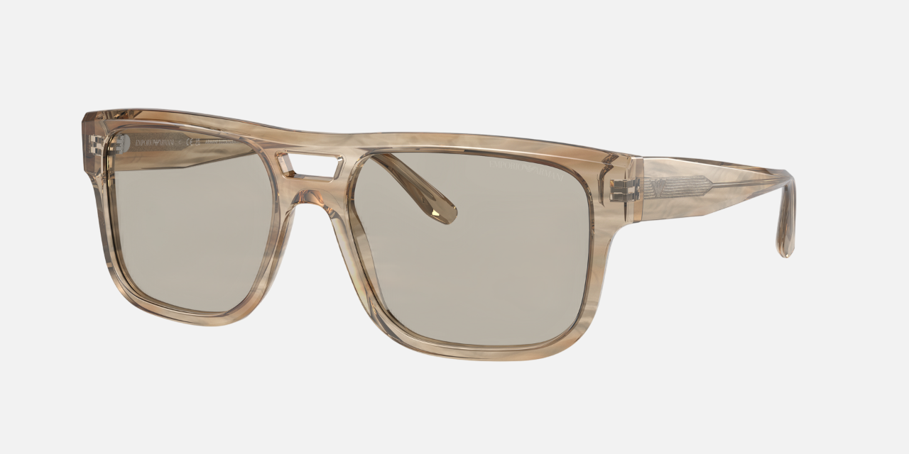 Emporio Armani EA 4197 50993 square sunglasses for men in full rim plastic, with striped brown frame, and light brown lenses. 57mm in lens size, 18mm in bridge size, and 145mm in temple length.
