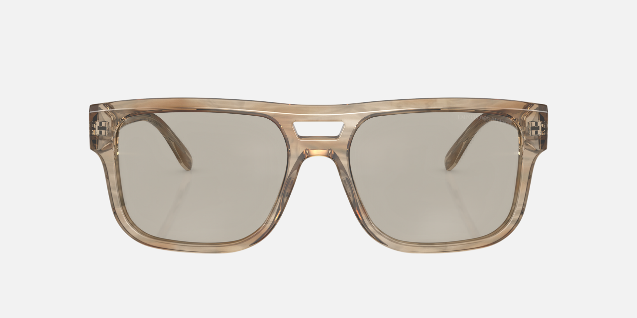 Emporio Armani EA 4197 50993 square sunglasses for men in full rim plastic, with striped brown frame, and light brown lenses. 57mm in lens size, 18mm in bridge size, and 145mm in temple length.