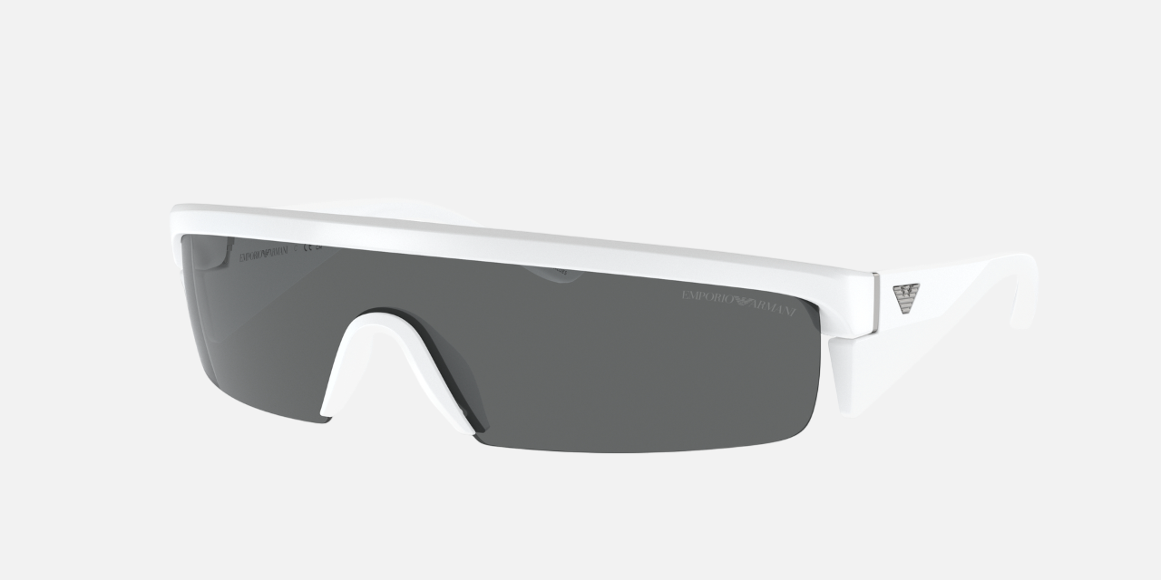 Emporio Armani EA 4204U 534487 rectangular sunglasses for men in semi-rimless plastic, with matte white frame, and dark grey lenses. 136mm in lens size, 136mm in bridge size, and 125mm in temple length.