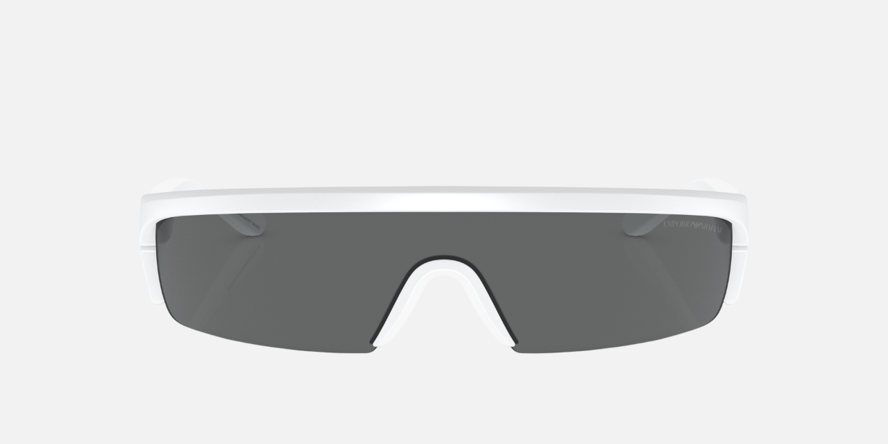 Emporio Armani EA 4204U 534487 rectangular sunglasses for men in semi-rimless plastic, with matte white frame, and dark grey lenses. 136mm in lens size, 136mm in bridge size, and 125mm in temple length.