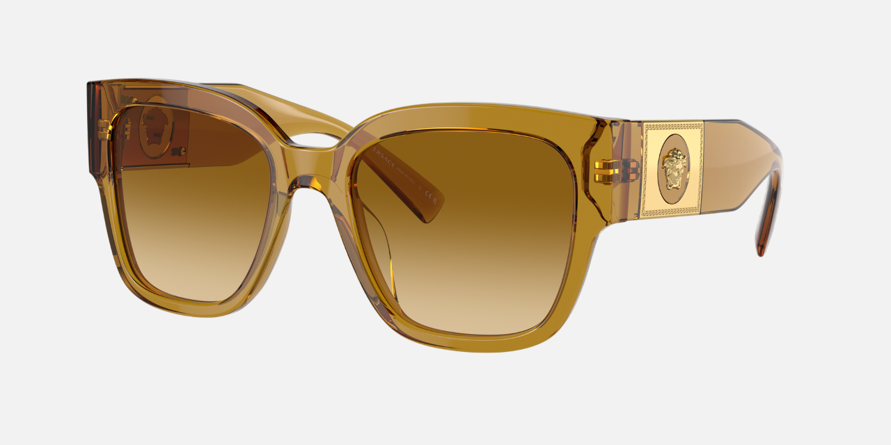 Versace VE4437U 53472L square sunglasses for women in full rim plastic, with transparent honey frame, and light yellow gradient ochre lenses. 54mm in lens size, 20mm in bridge size, and 140mm in temple length.