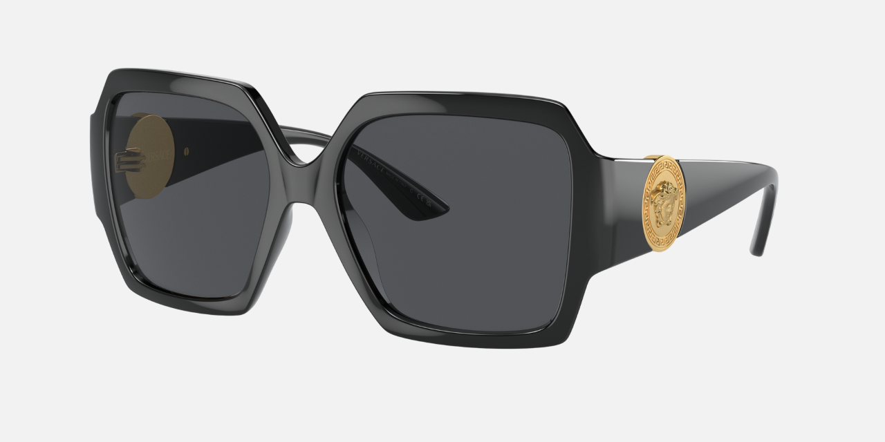 Versace VE4453 GB187 square sunglasses for women in full rim injected, with black frame, and dark grey lenses. 56mm in lens size, 17mm in bridge size, and 135mm in temple length.