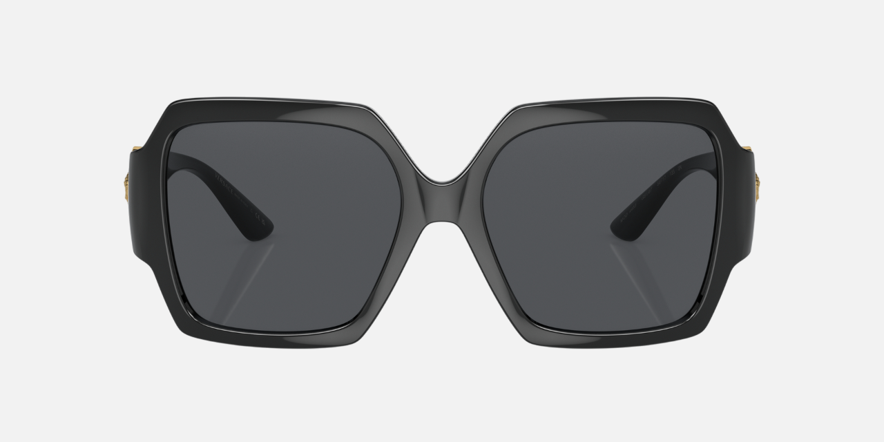 Versace VE4453 GB187 square sunglasses for women in full rim injected, with black frame, and dark grey lenses. 56mm in lens size, 17mm in bridge size, and 135mm in temple length.