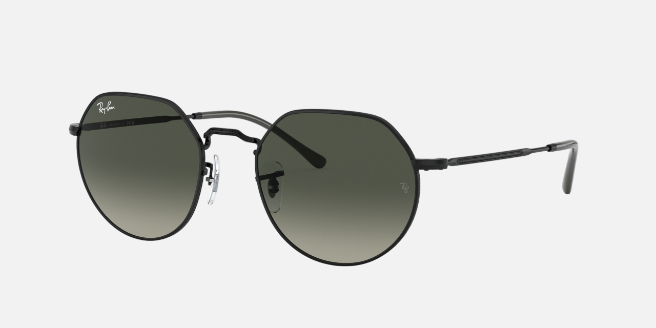 Ray-Ban Jack RB3565 002/71 round sunglasses for unisex in full rim metal, with black frame, and grey lenses. 51mm in lens size, 20mm in bridge size, and 145mm in temple length.