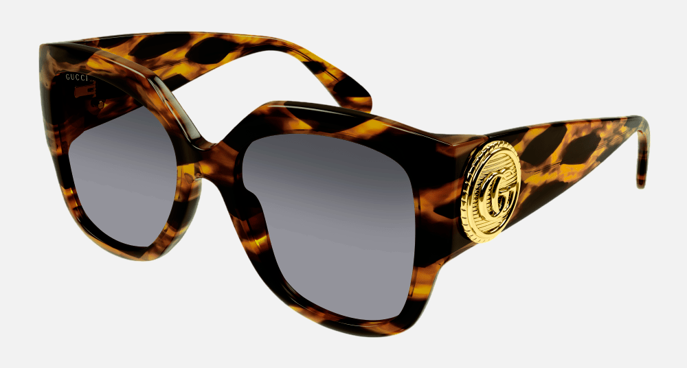 Gucci GG1407S 002 square sunglasses for women in full rim plastic, with havana frame, and grey lenses. 54mm in lens size, 19mm in bridge size, and 140mm in temple length.