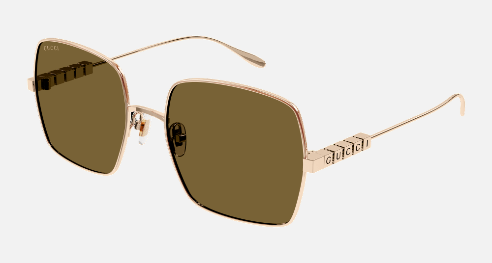 Gucci GG1434S 002 square sunglasses for women in full rim metal, with light gold frame, and brown lenses. 57mm in lens size, 19mm in bridge size, and 145mm in temple length.