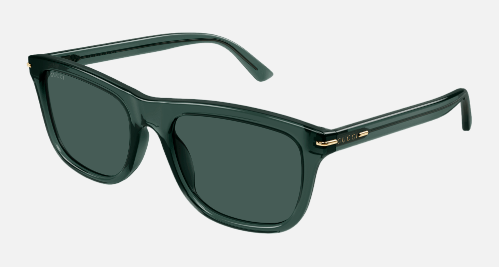 Gucci GG1444S 004 square sunglasses for men in full rim plastic, with transparent green frame, and green lenses. 55mm in lens size, 20mm in bridge size, and 145mm in temple length.