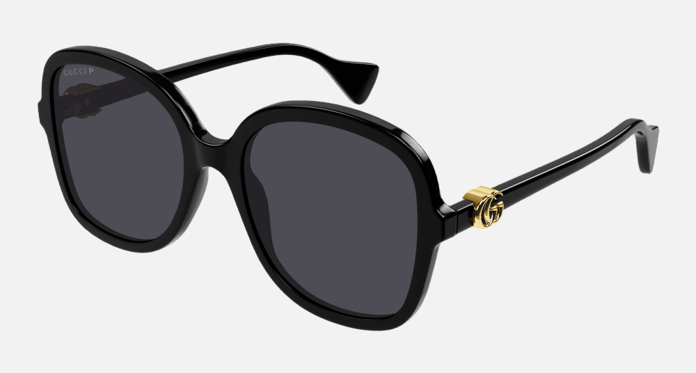 Gucci GG1178S 001 butterfly sunglasses for women in full rim plastic, with black frame, and black grey lenses. 56mm in lens size, 20mm in bridge size, and 145mm in temple length.