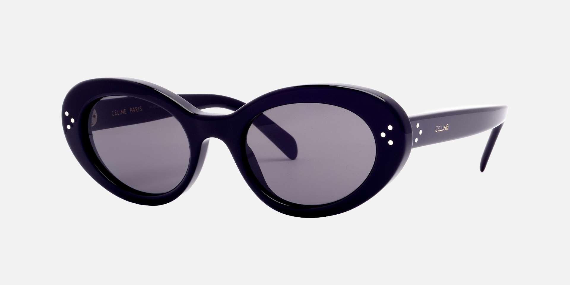 Celine CL40193I 01A cat-eye sunglasses for women in full rim acetate, with shiny black frame, and dark grey smoke lenses. 53mm in lens size, 21mm in bridge size, and 145mm in temple length.