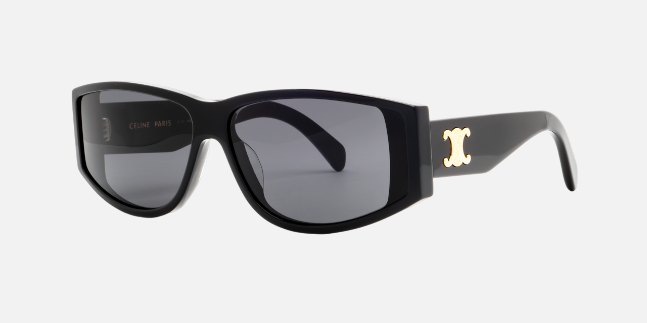 Celine CL40227U 01A rectangular sunglasses for women in full rim acetate, with shiny black frame, and grey lenses. 63mm in lens size, 13mm in bridge size, and 135mm in temple length.