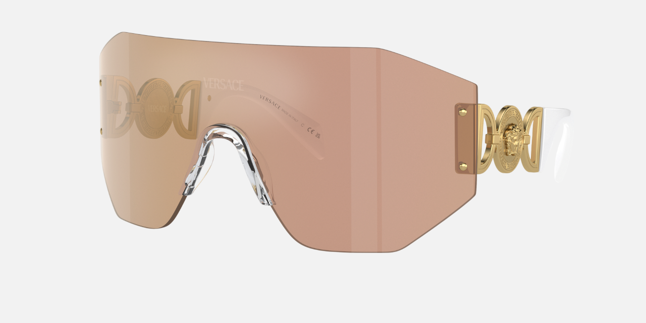 Versace VE2258 10027J irregular sunglasses for unisex in rimless metal, with white frame, and dark brown mirrored rose gold lenses. 145mm in lens size, 0mm in bridge size, and 125mm in temple length.