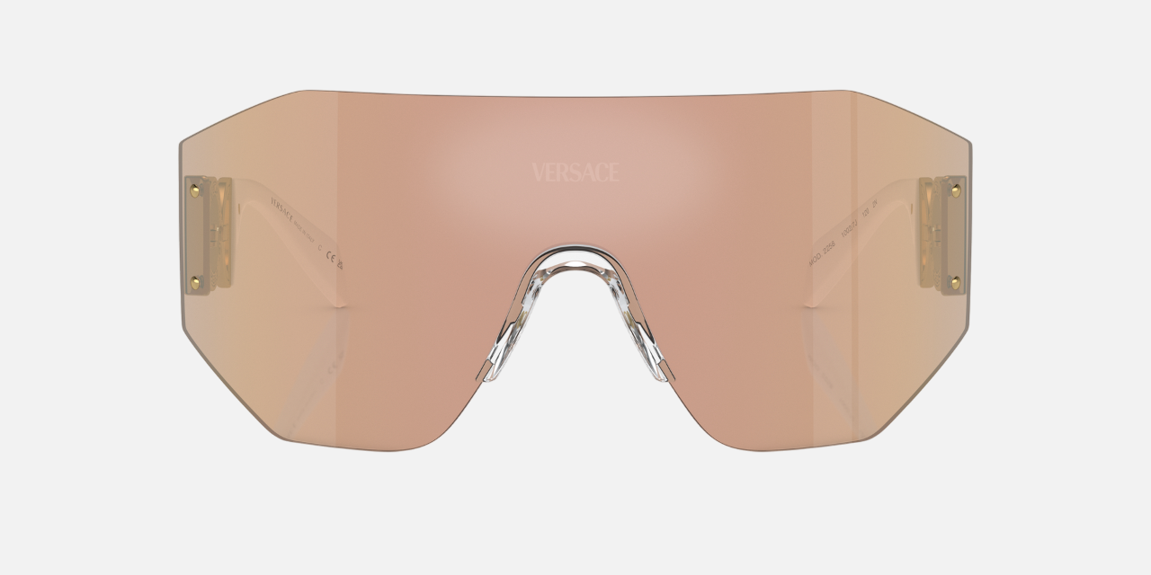 Versace VE2258 10027J irregular sunglasses for unisex in rimless metal, with white frame, and dark brown mirrored rose gold lenses. 145mm in lens size, 0mm in bridge size, and 125mm in temple length.