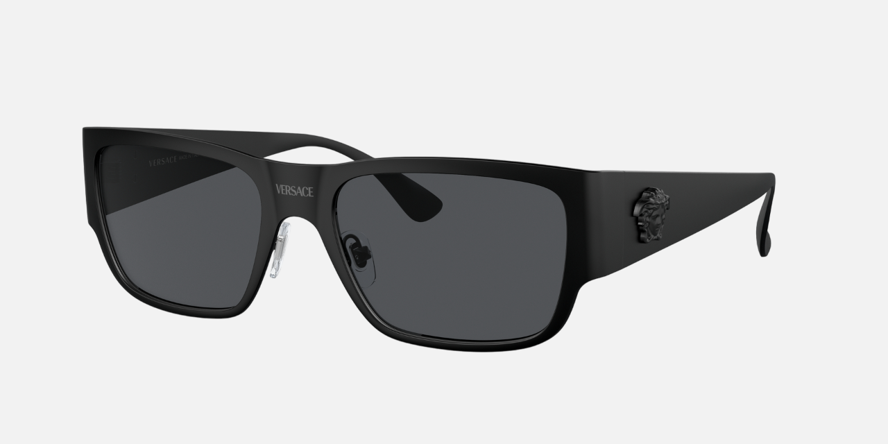 Versace VE2262 126187 square sunglasses for men in full rim metal, with matte black frame, and dark grey lenses. 56mm in lens size, 18mm in bridge size, and 140mm in temple length.